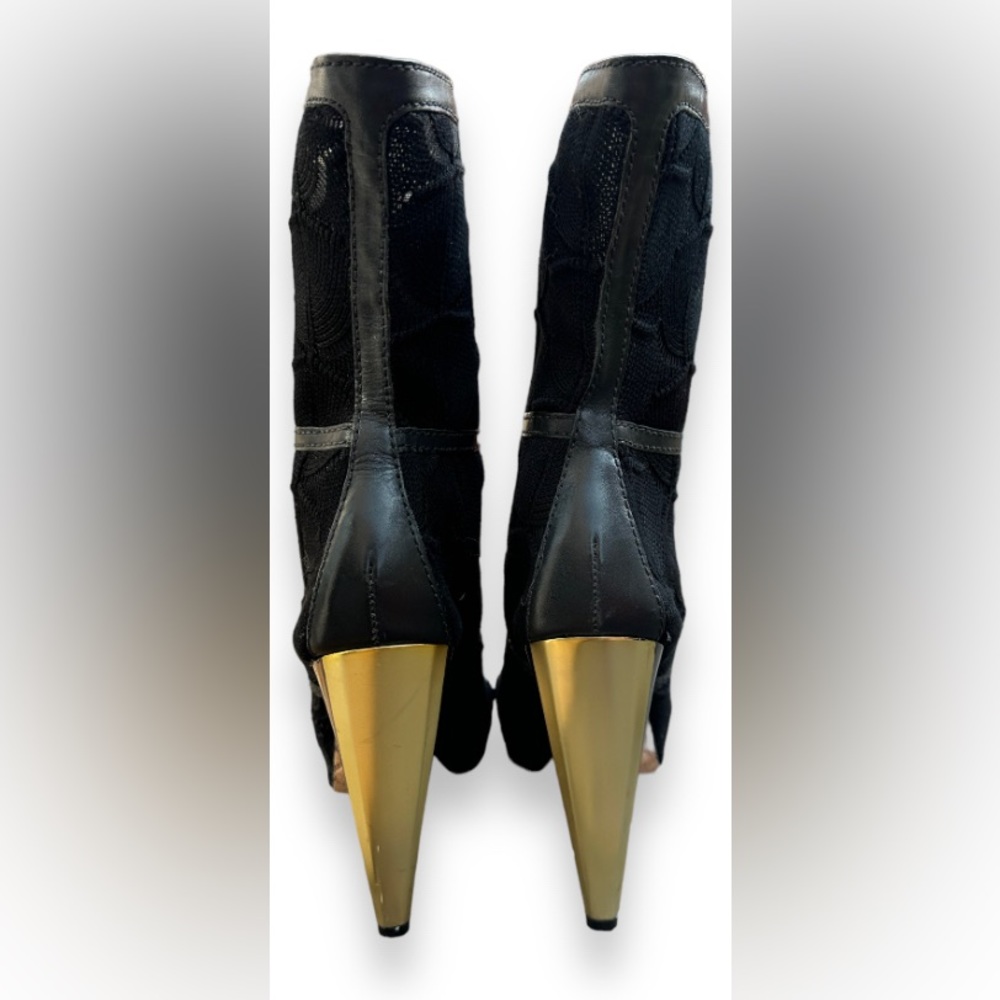 LAMB Black Gold Leather Trim Open Toe Zip Platform High Heel Booties Size 7 - Picture 5 of 8